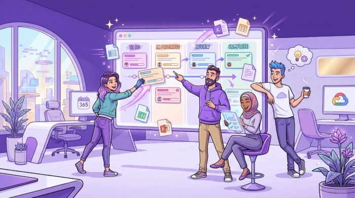 A digital illustration of four diverse professionals collaborating in a modern office with futuristic city views. In the cent.er, a huge digital screen displays a Kanban workflow board.