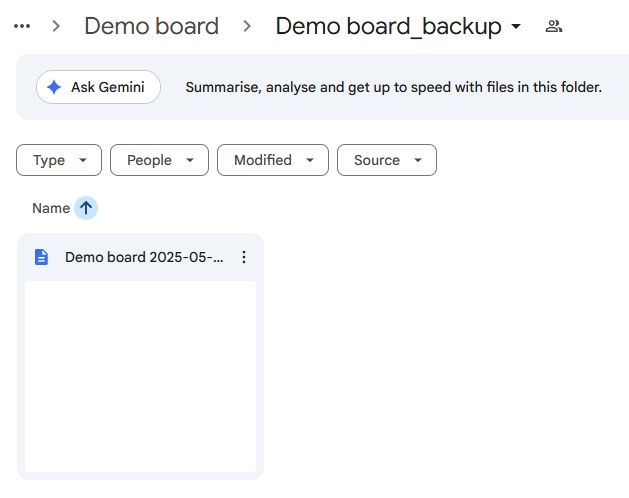 A screenshot of a Google Drive interface showing a folder titled "Demo board_backup" containing a date-stamped backup file for a project board