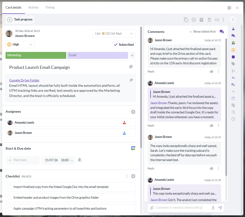 Kanbanchi task card displaying assignee, due date, priority, attachments, and project details for team collaboration
