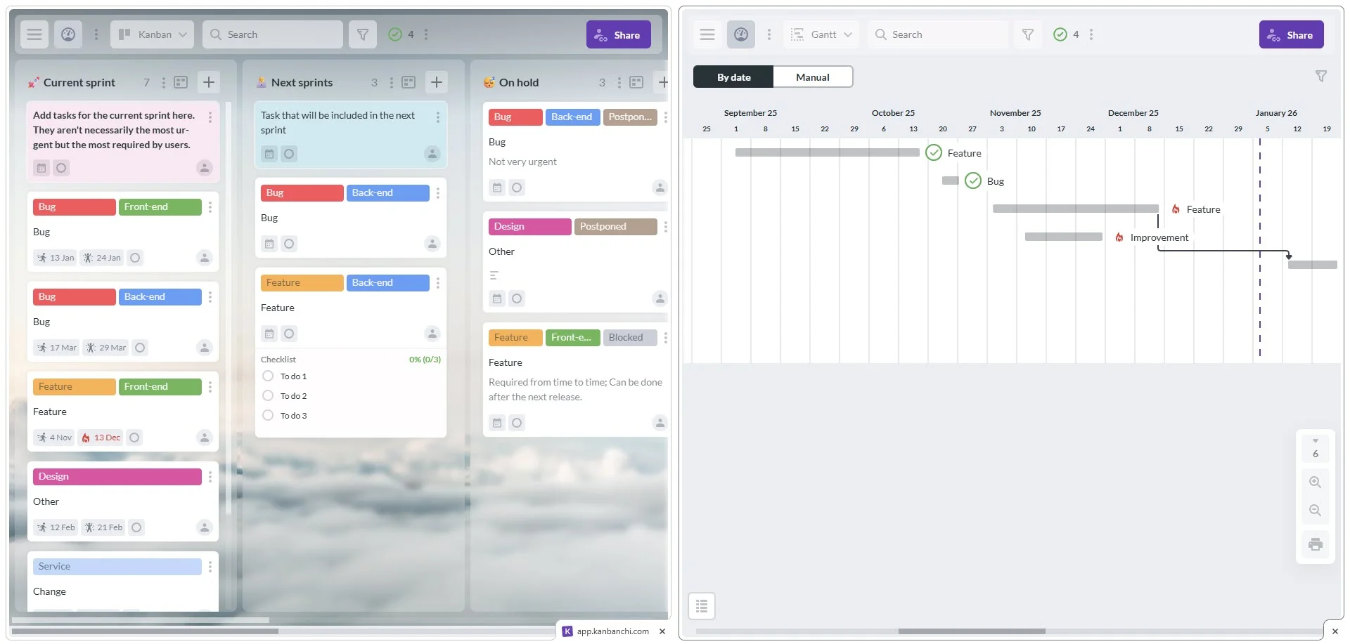 Side-by-side browser comparison within a split Chrome browser window of a Kanbanchi project displayed in both the distinct visual Kanban board view and the Gantt chart timeline view