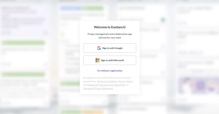 A screenshot of the Kanbanchi "Welcome" popup window offering two main authentication options: "Sign in with Google" and "Sign in with Microsoft"