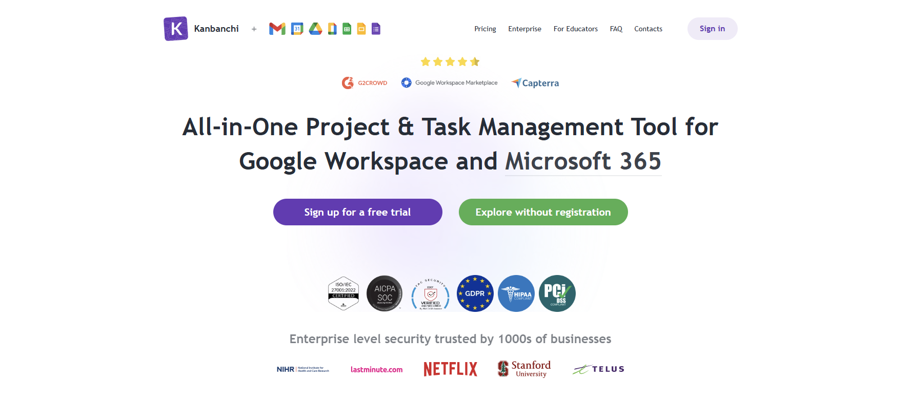 A screenshot of the Kanbanchi website homepage featuring the main headline "All-in-One Project & Task Management Tool for Google Workspace and Microsoft 365" above security compliance badges