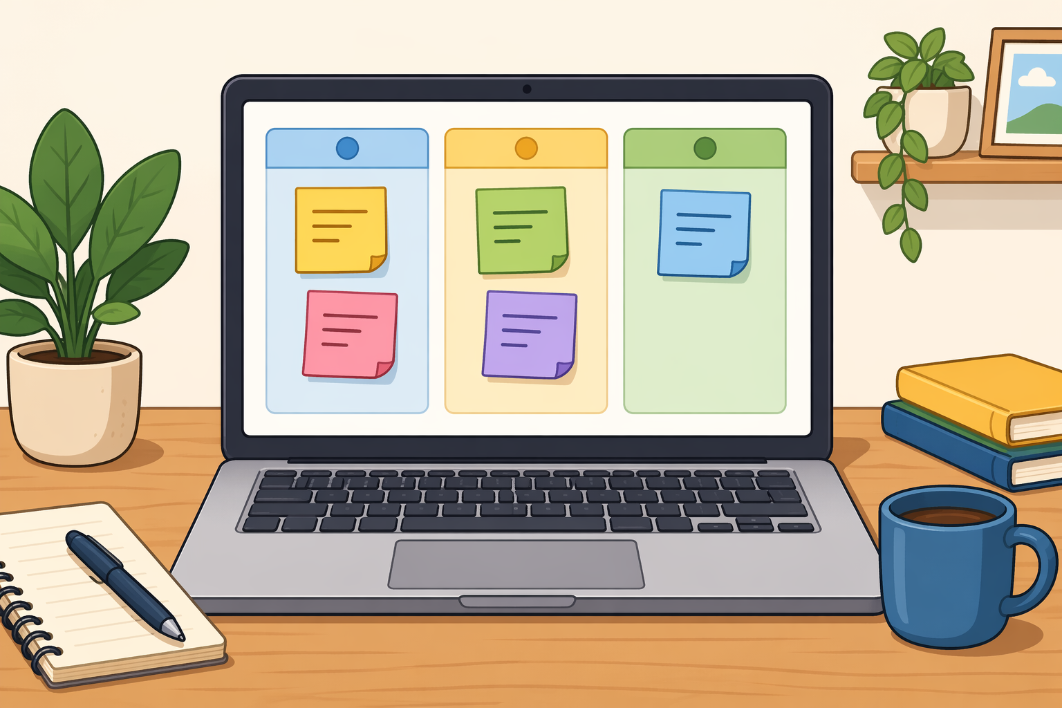 Laptop displaying a three-column Kanban board with colorful task cards on a home office desk