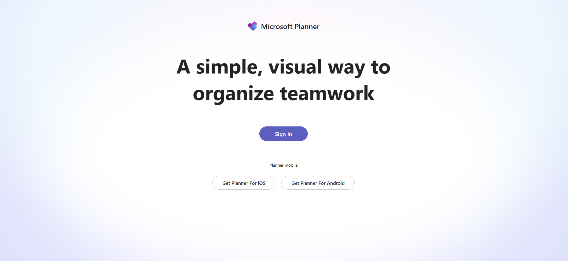 A screenshot of the Microsoft Planner website homepage featuring the centered bold title "A simple, visual way to organize teamwork" above a prominent "Sign In" button