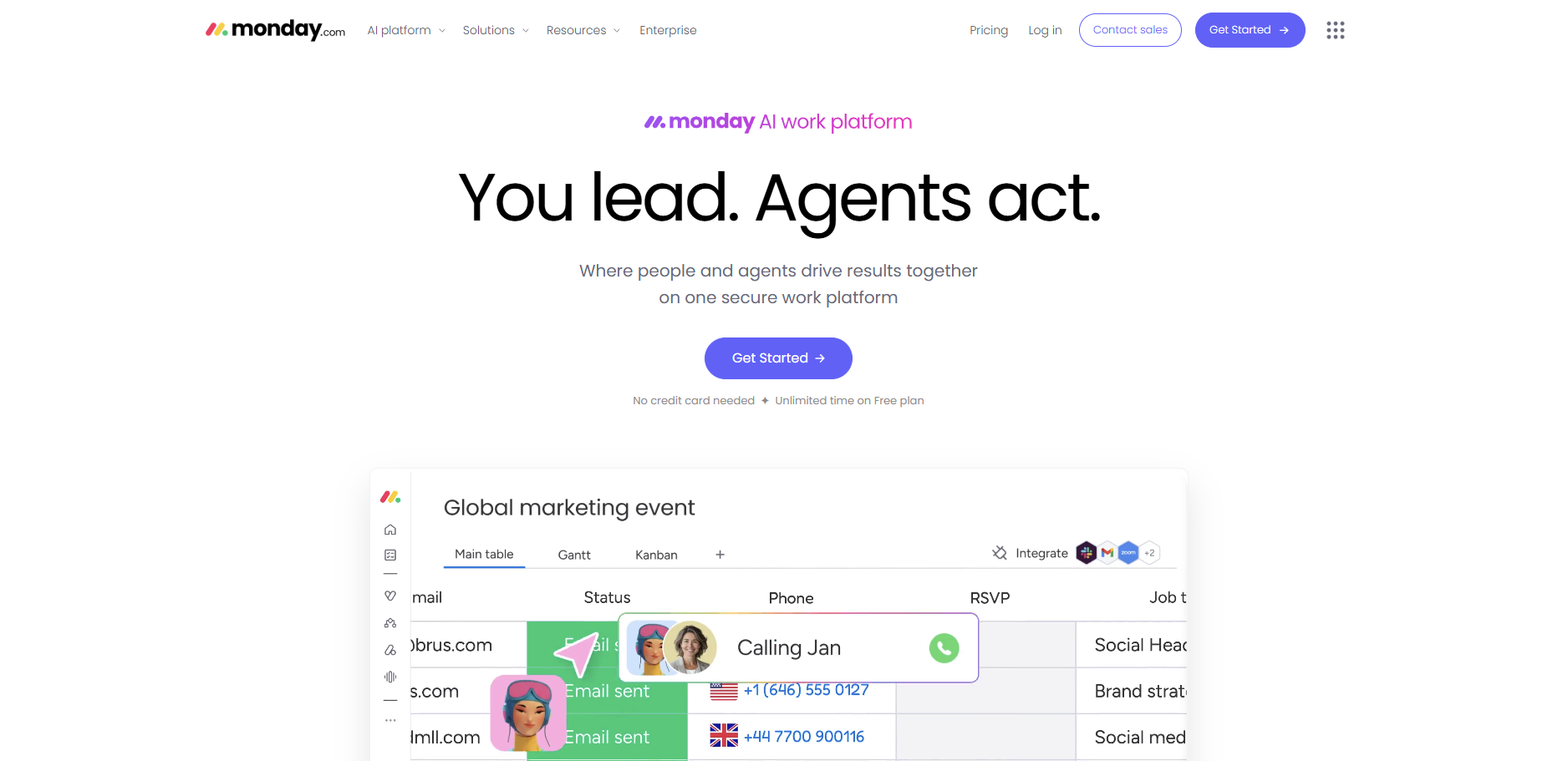 A screenshot of the monday.com website homepage reading "You lead. Agents act." above a partial preview of a marketing event table layout