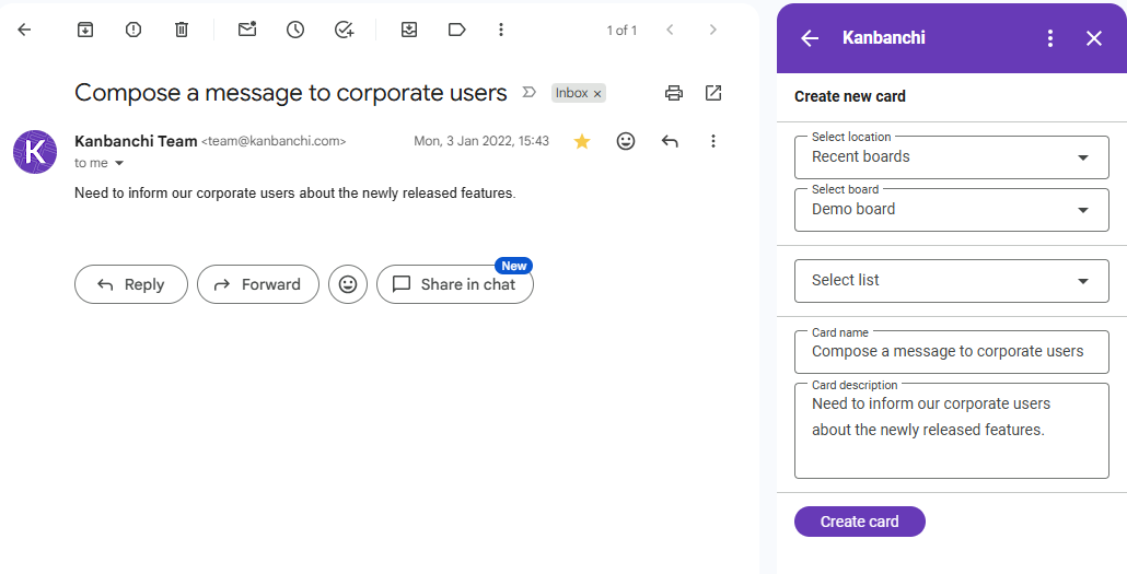 Kanbanchi integration with Gmail displaying project tasks and collaboration tools within the email sidebar