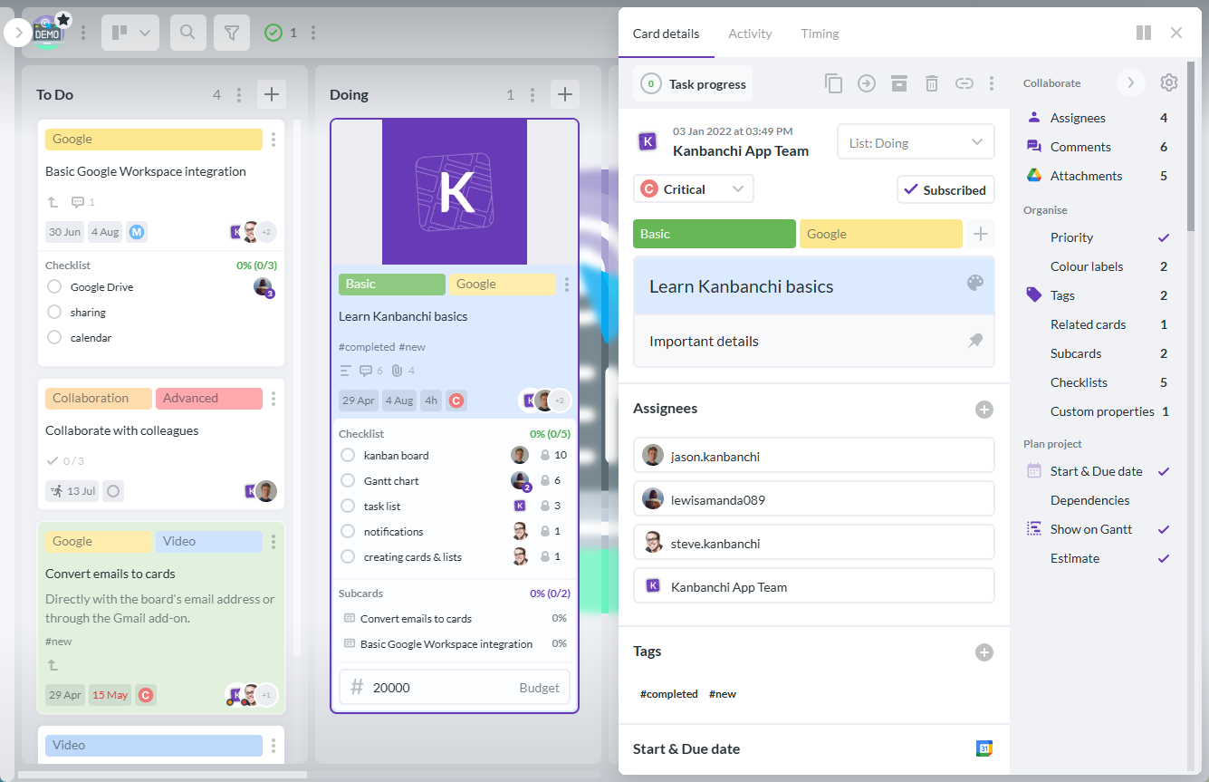Kanbanchi Shared Responsibilities Feature | Project Scheduler Software for Teams Kanbanchi task card showing shared responsibilities, assigned team members, due dates, and project scheduling features in a collaborative workflow