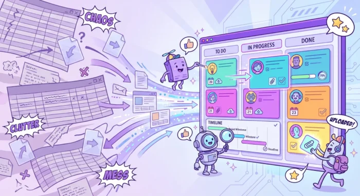 A vibrant cartoon illustration showing cluttered, messy spreadsheets on the left transforming into a clean digital project management dashboard on the right featuring Kanban columns, a timeline with milestones, and playful character icons.