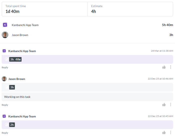Kanbanchi time tracking view showing logged hours, task duration, and team activity for improved visibility in project tracking tools