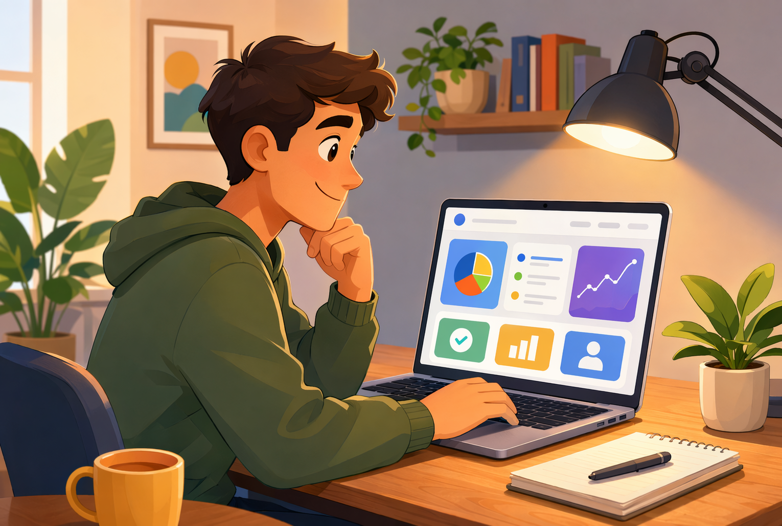 Remote employee in front of the laptop reviewing their onboarding guide