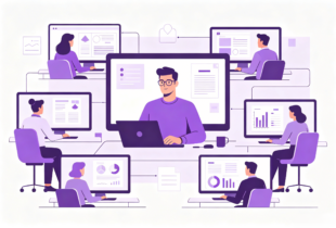 Remote team leader managing distributed employees across multiple screens in a connected virtual workspace