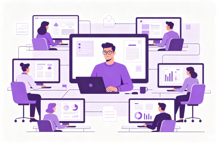 remote-team-management-playbook-2026 Remote team leader managing distributed employees across multiple screens in a connected virtual workspace