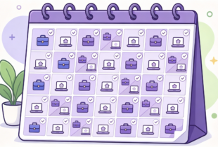 A vector illustration of a desk calendar displaying a monthly schedule filled with alternating office briefcase and work-from-home laptop icons with checkmarks