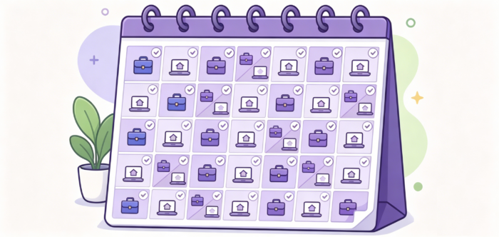A vector illustration of a desk calendar displaying a monthly schedule filled with alternating office briefcase and work-from-home laptop icons with checkmarks