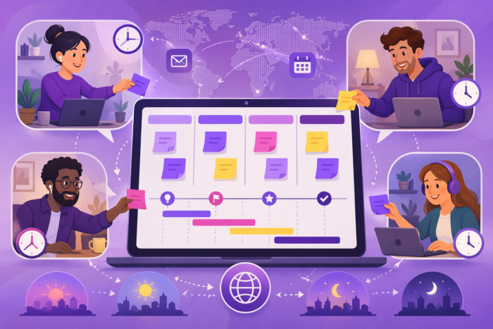 A digital vector illustration showing globally distributed remote collaborators working across different time zones, connected to a central project board detailing task statuses, SLAs, and documentation
