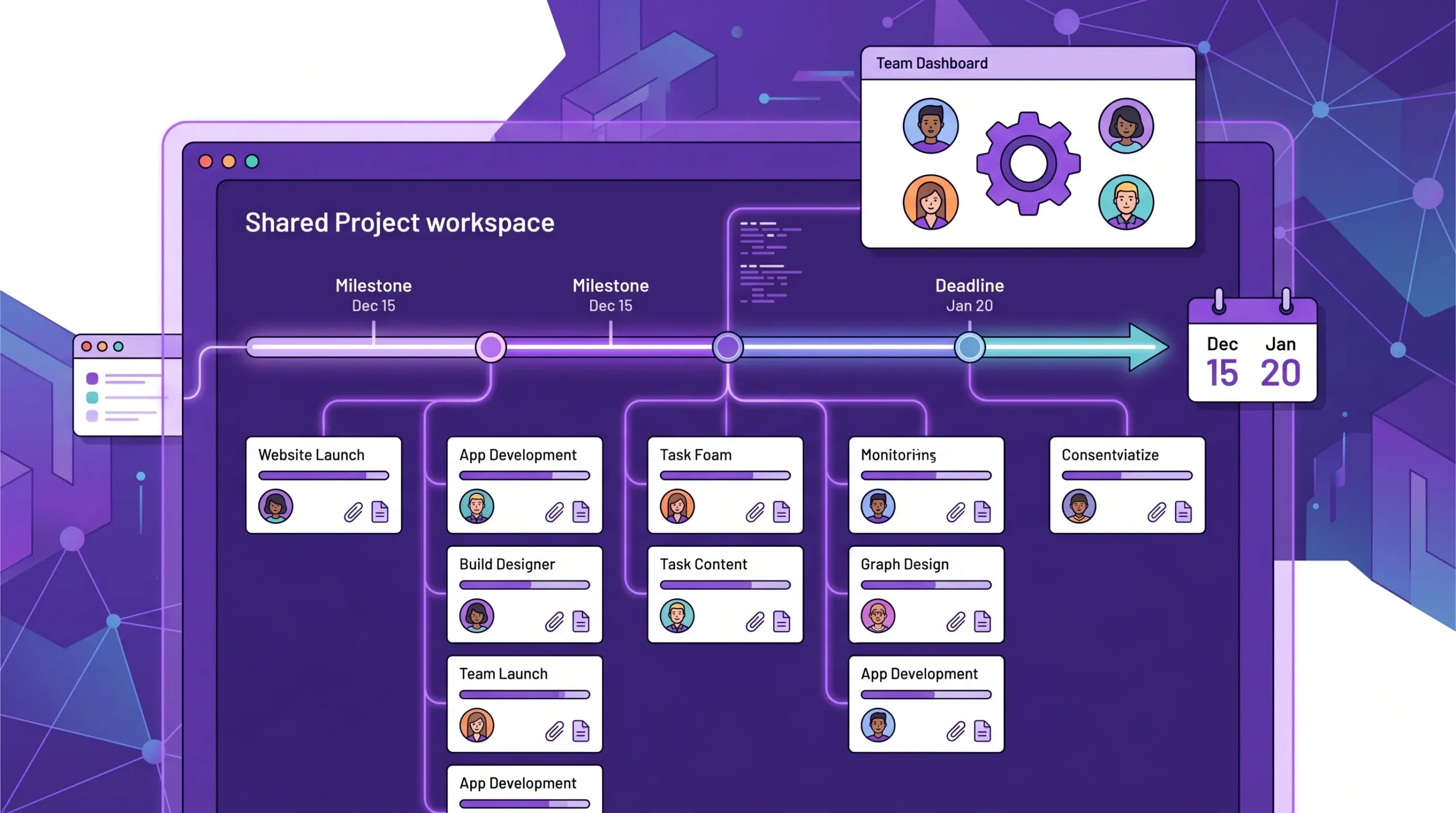 A shared project workspace showing task cards, deadlines, team owners, file attachments, and timeline planning connected in one visual system