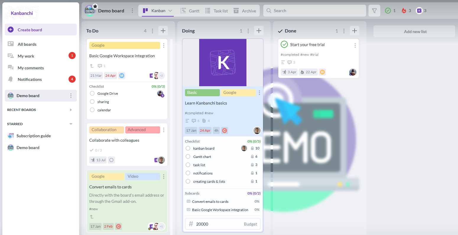 Screenshot of a Kanbanchi Kanban board used to standardize project work, organize team tasks, and manage workflows across multiple teams.