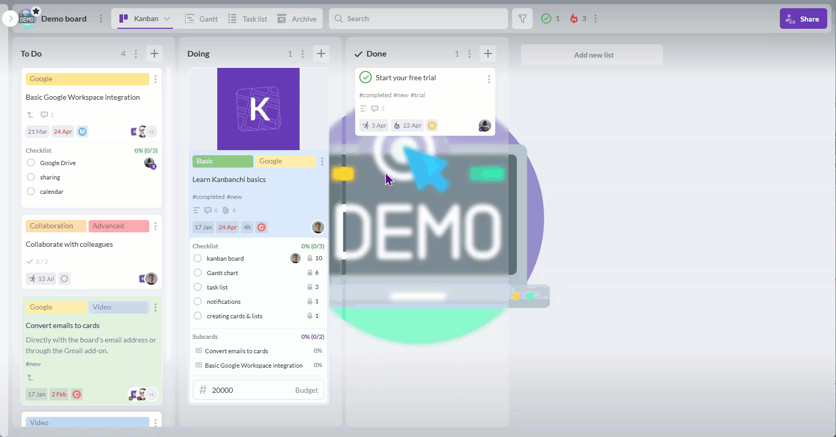 Animated GIF showing a user switching from a Kanbanchi board view to its connected Google Drive folder using the navigation link inside the workspace.