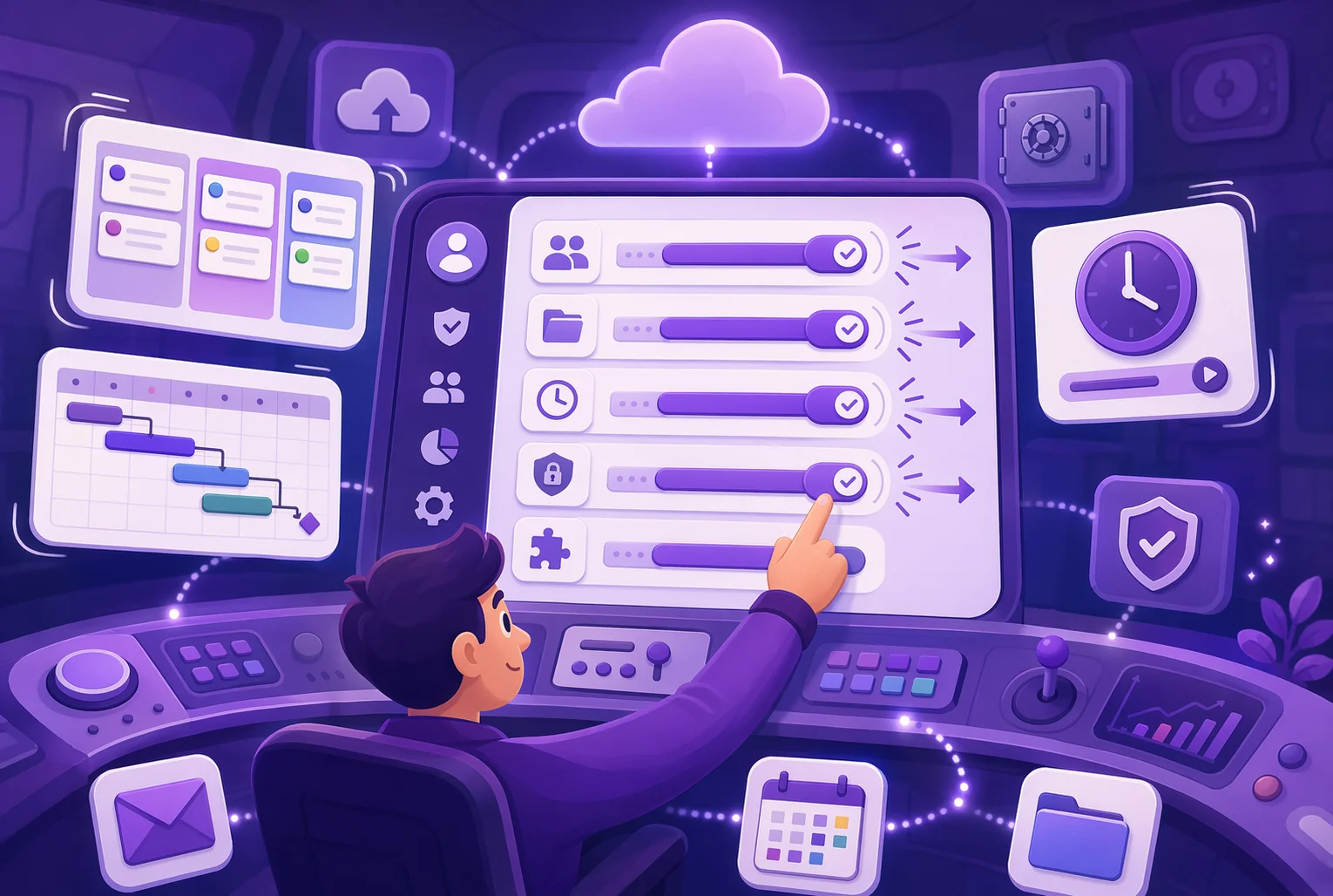 A team manager seated at a futuristic control console, configuring and monitoring a unified project management system. Floating widgets around the console display a visual Kanban board, a Gantt chart, email and calendar icons, file folders, and security badges.