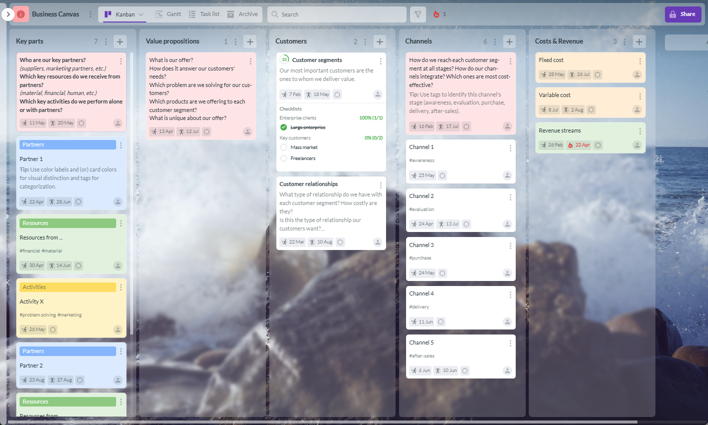 Screenshot of a Kanbanchi Kanban board displaying project tasks organized into workflow columns for team collaboration and task tracking.