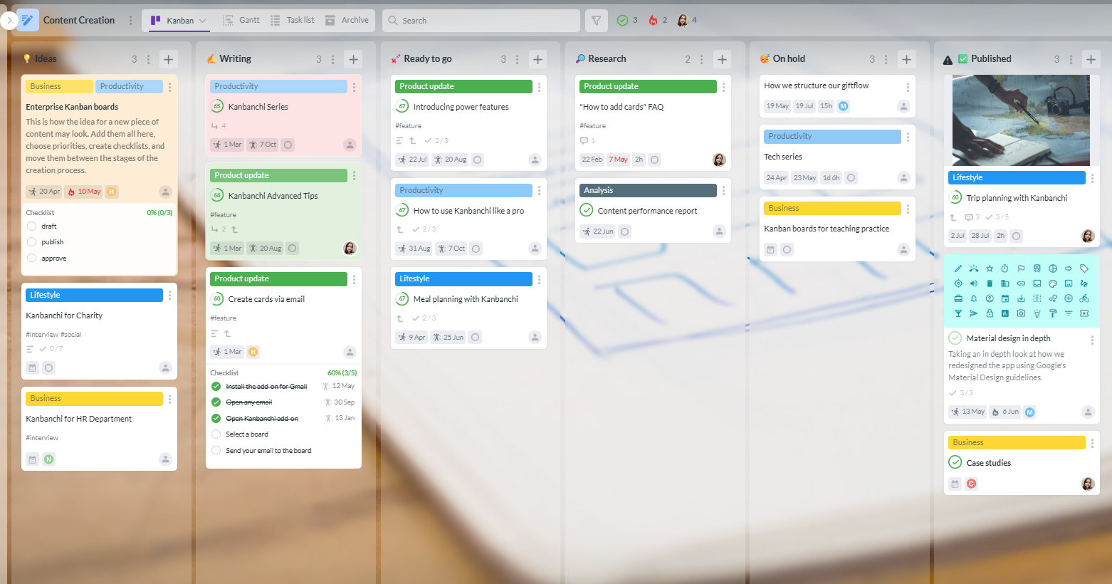 Kanbanchi kanban board showing task tracking, workflow stages, deadlines, and team collaboration features