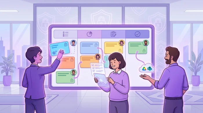 A team of three professionals looking for a secure project management software connected with their file storage and existing workspace