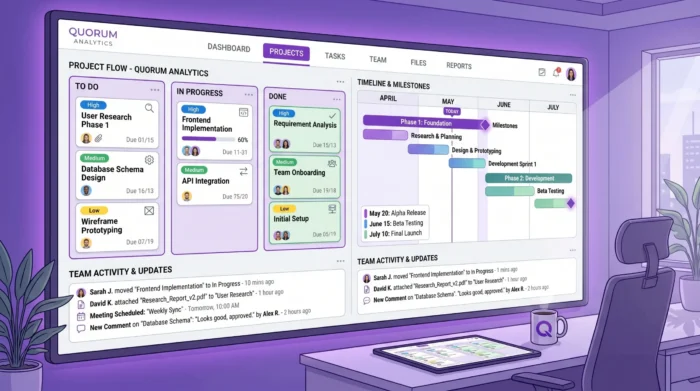 A project team workspace showing a visual Kanban board beside a project timeline, with task cards, deadlines, file attachments, and team activity visible in one organized view