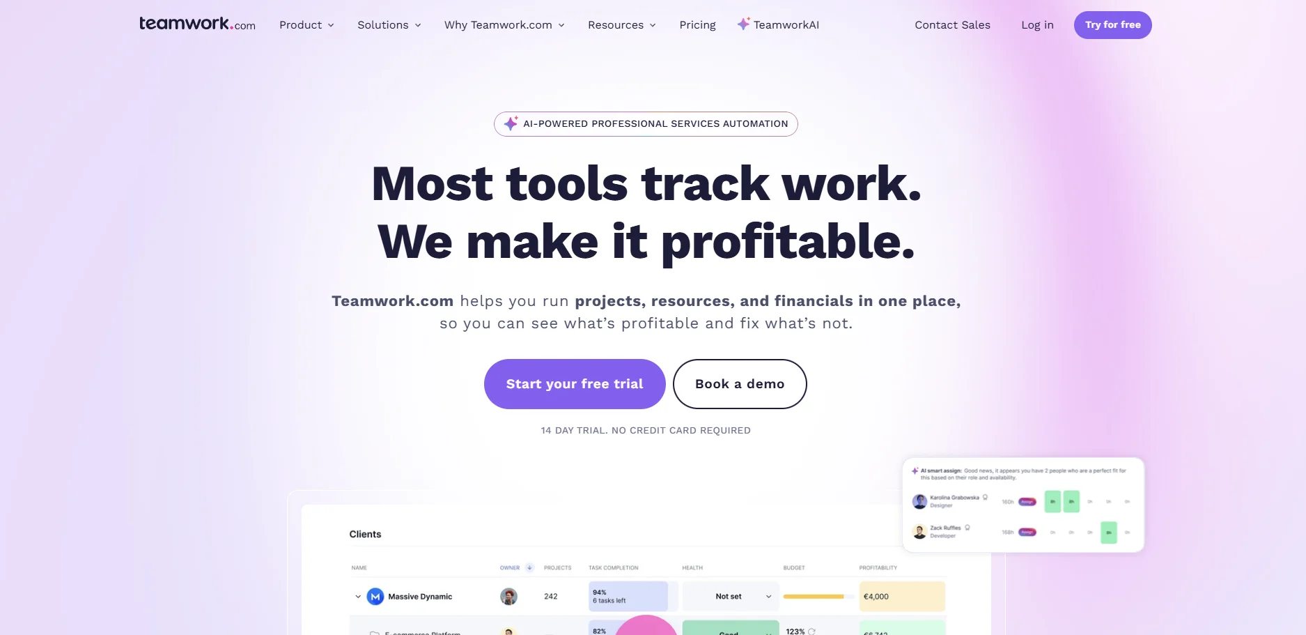 A screenshot of the Teamwork website homepage displaying the message "Most tools track work. We make it profitable." with a partial client health dashboard visible at the bottom