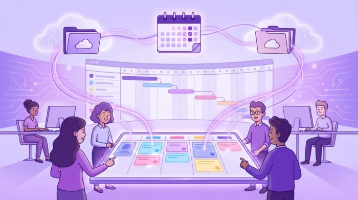 A digital illustration showcasing a project management ecosystem that pairs visual task boards with connected timelines, calendars, files, and existing workspace