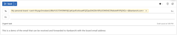 A screenshot of an Outlook email being sent to a Kanbanchi board email address to generate a new project task