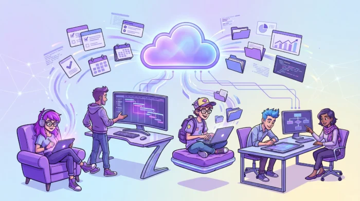 Why Cloud-Based Project Management Software Wins in 2026 - Main Image A crisp digital illustration of a professional team collaborating around cloud-connected dashboards displaying real-time Kanban boards, Gantt charts, and project synchronization metrics