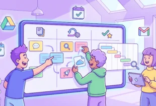 A diverse team of professionals collaborating in a modern office around a large digital project board that displays a Kanban workflow, project timelines, and integrated file icons from Google Workspace