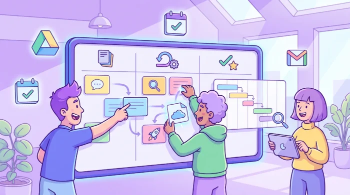 Why teams outgrow basic task apps in Google Workspace A diverse team of professionals collaborating in a modern office around a large digital project board that displays a Kanban workflow, project timelines, and integrated file icons from Google Workspace