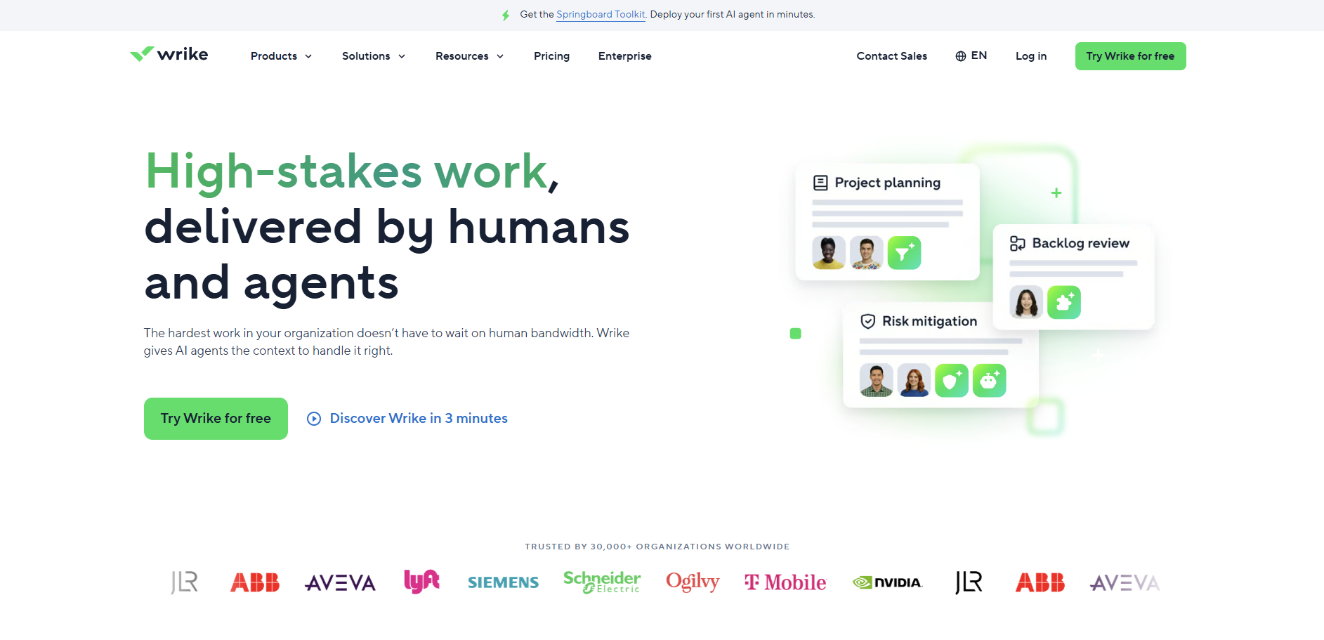 A screenshot of the Wrike website homepage reading "High-stakes work, delivered by humans and agents" with digital cards representing project planning and risk mitigation