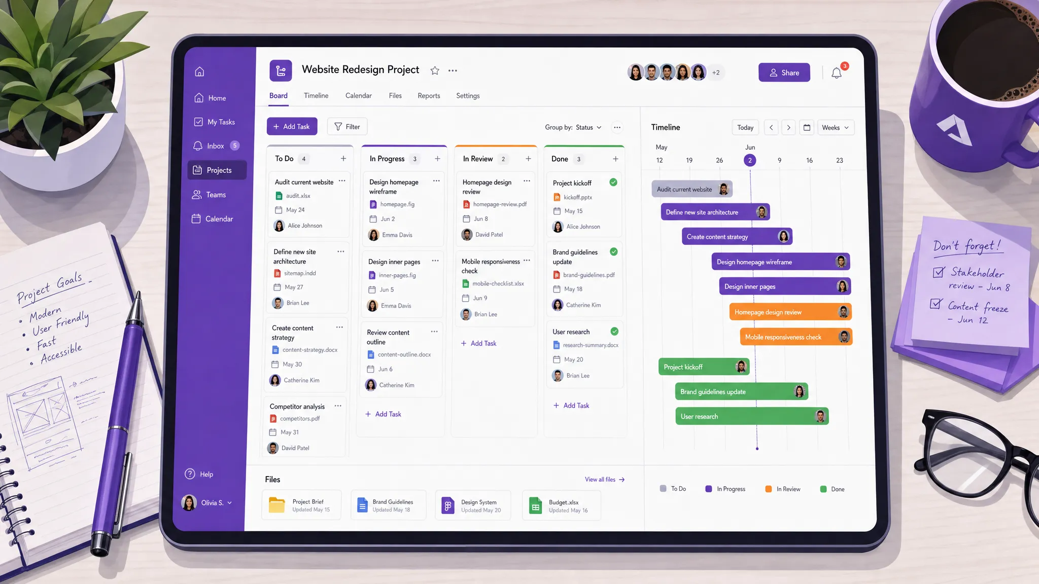 A collaborative project board showing tasks organized by workflow stages, with connected files, due dates, assignees, and a timeline view visible beside the board, viewed from above on a clean desk surface.