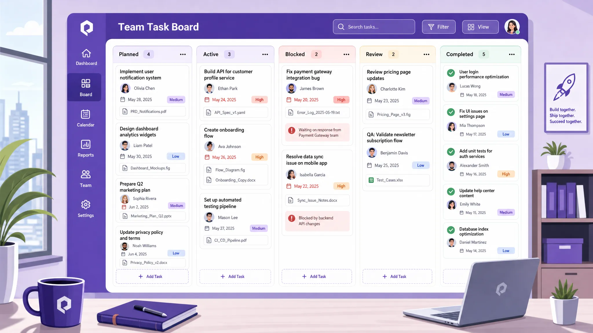 A Kanban board with columns for planned work, active work, blocked tasks, review, and completed items