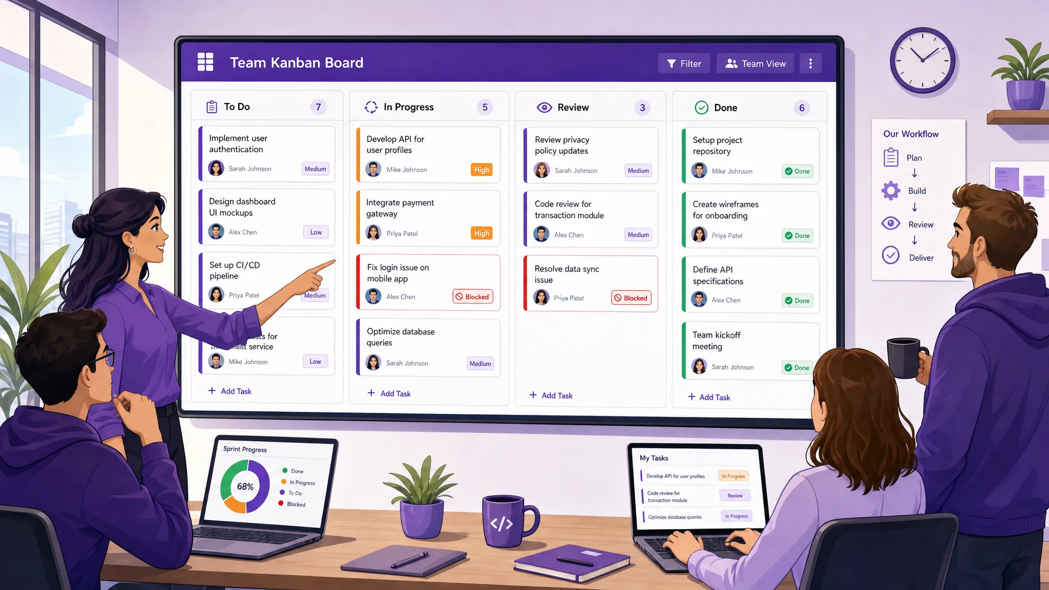 A collaborative team Kanban board shown on a wall display in a bright office, with tasks moving through columns such as To Do, In Progress, Review, and Done, a few cards marked as blocked, and several cards assigned to different team members.