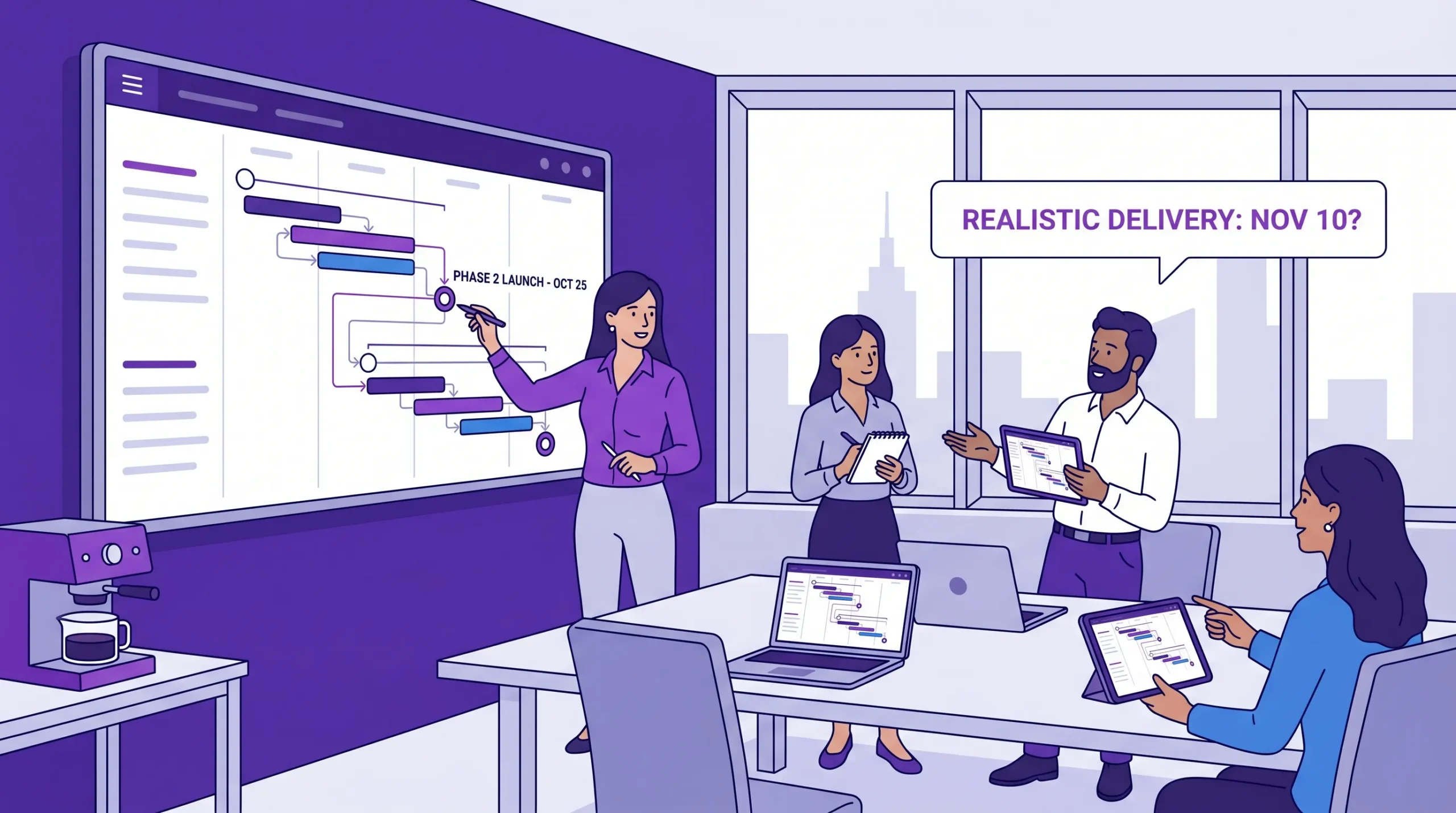 A project manager reviews a shared project timeline with task bars, milestones, and dependency lines on a wall display while team members discuss realistic delivery dates from across the meeting room.