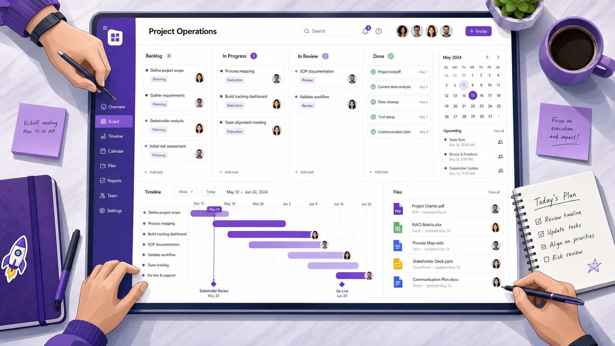 A project operations workspace with task board columns, timeline bars, file icons, calendar markers, and small team avatars arranged on a shared digital planning surface viewed from above.