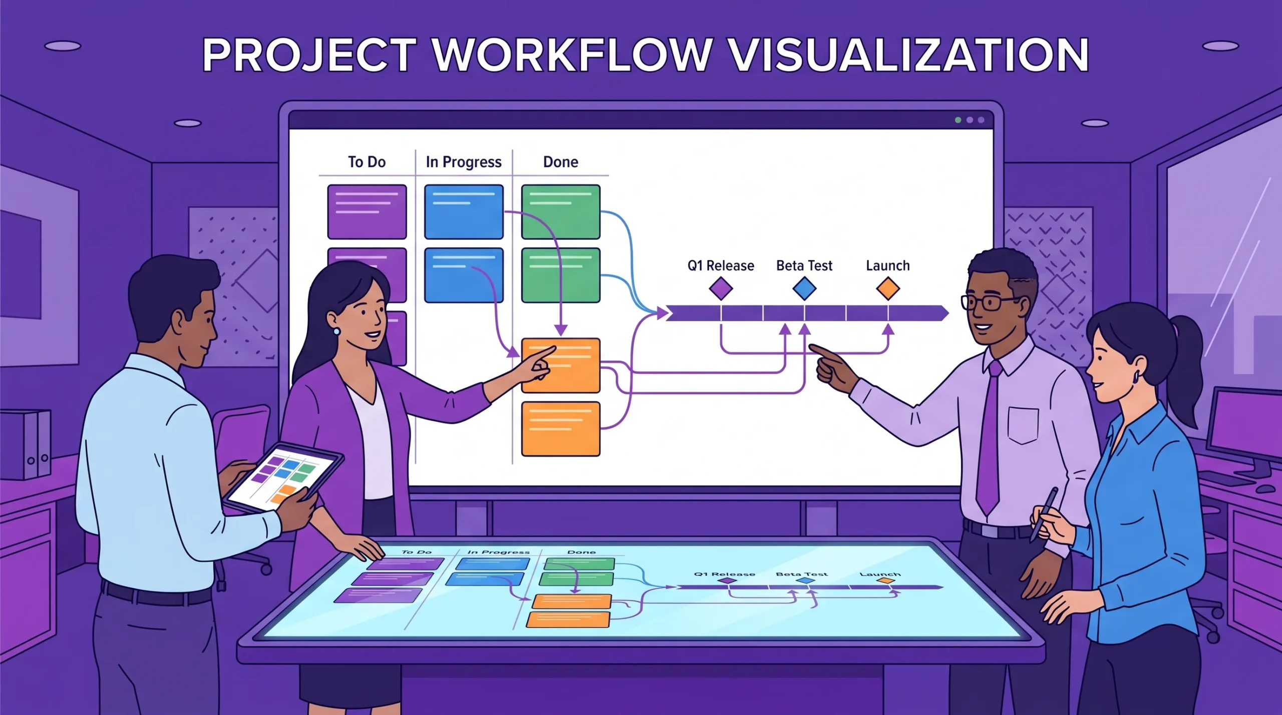 A project team reviewing a visual workflow where task cards on a Kanban board are connected to a timeline with milestones and dependencies.