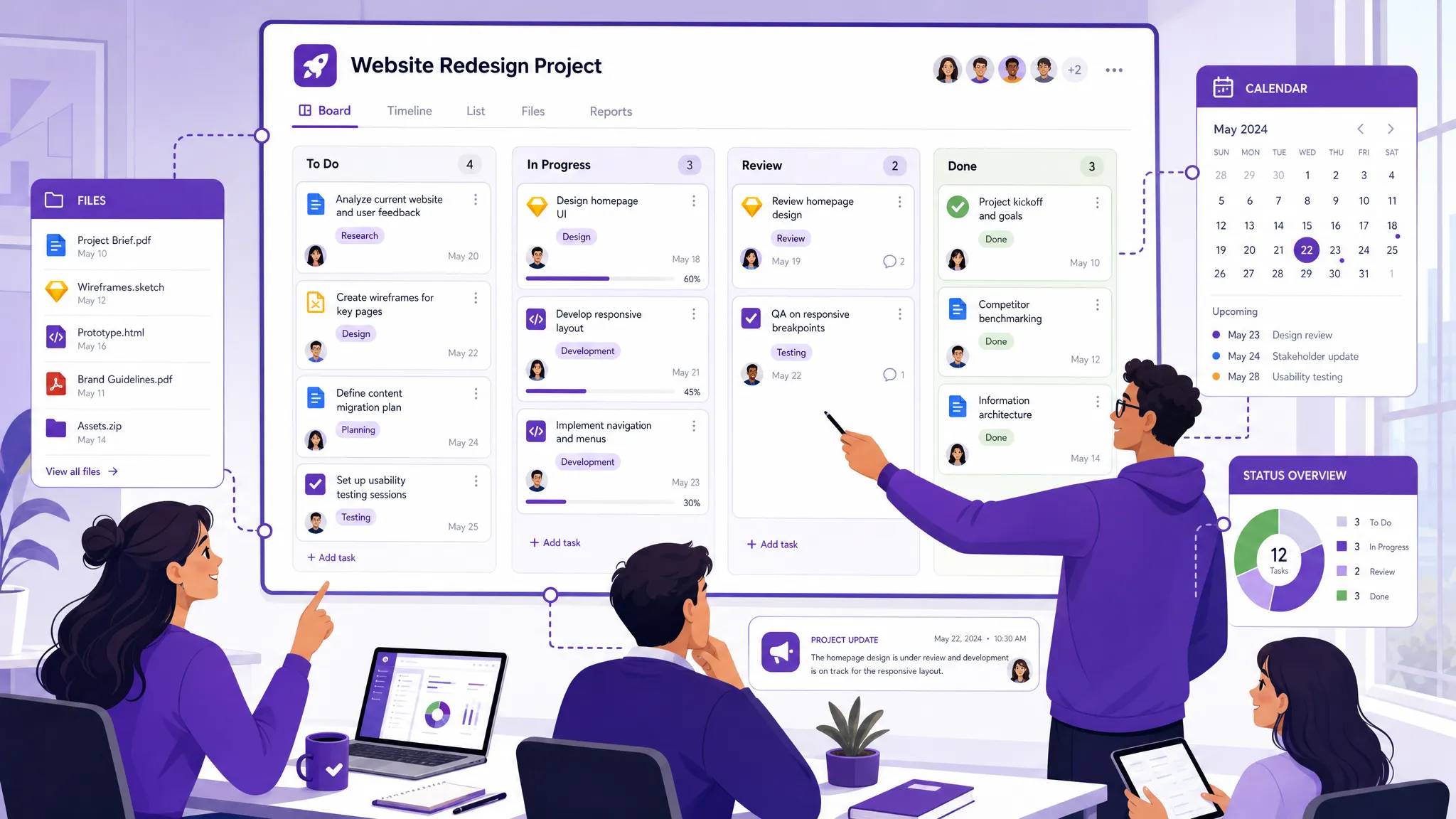 Google Workspace Features for Team Collaboration and Project Tracking A project team working around a visual Kanban board with connected file, calendar, and status elements, showing tasks and project updates in one shared workflow.