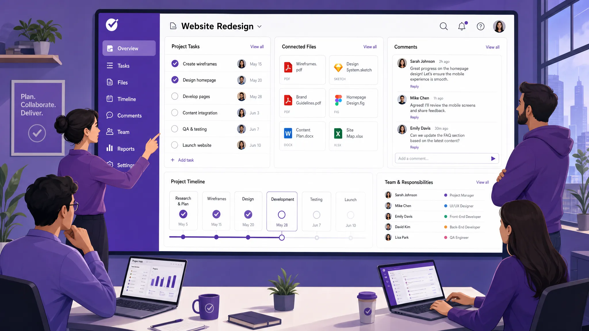 A shared digital workspace shown on a large wall display, with project tasks, connected files, timeline milestones, comments, and team responsibilities organized in one central view.