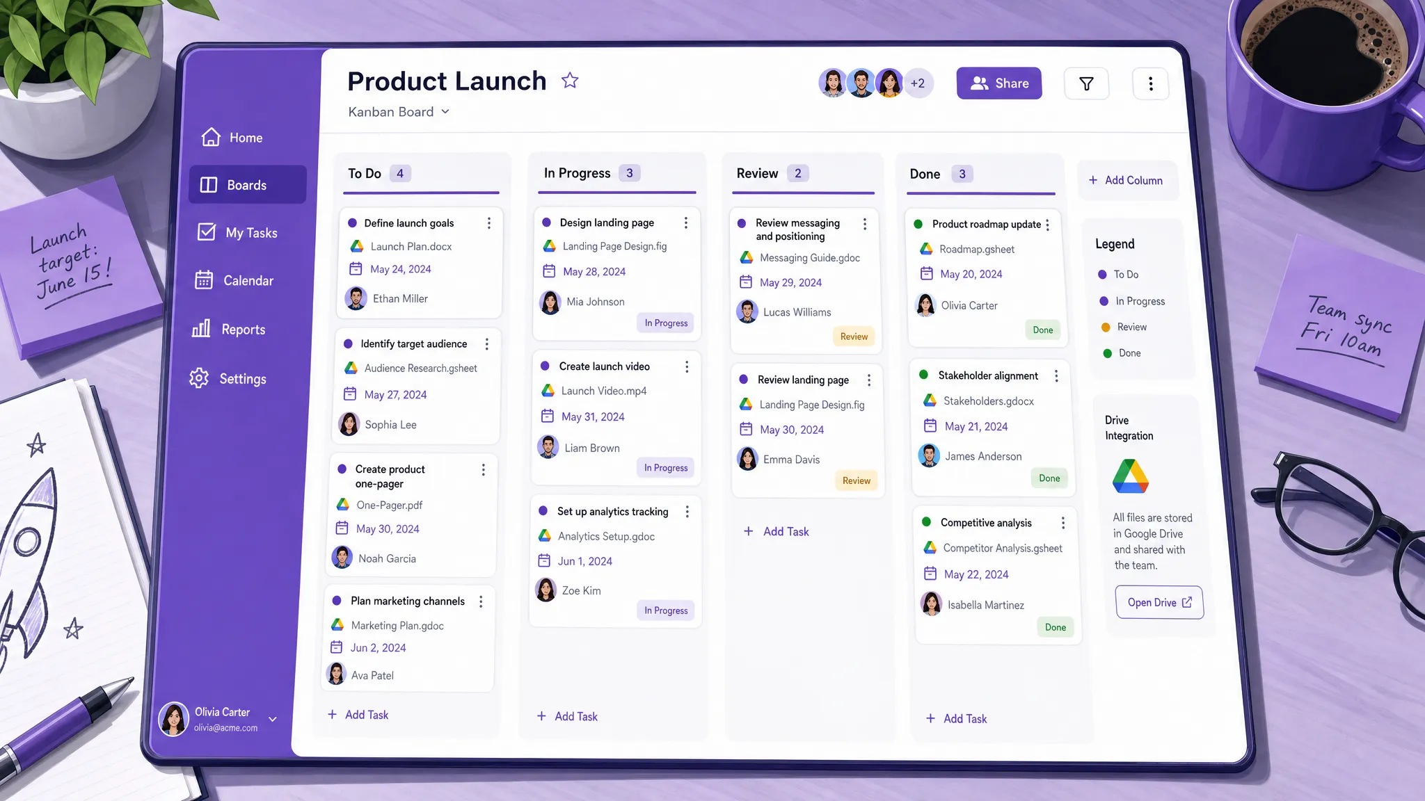 A Kanban board "Project launch" that has lists and cards visually organized into a smooth workflow.