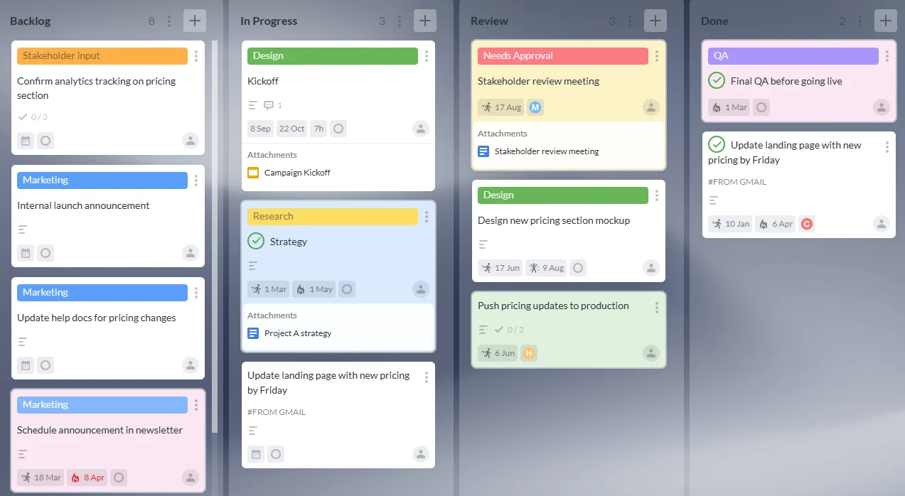 Screenshot of Kanbanchi showing a Kanban board with task cards, columns for workflow stages, and basic project tracking elements like due dates and colour labels