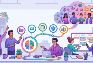 A team collaborating in a modern workspace, showcasing a central brain icon branching into project tools, including cloud files, email, calendar, security, and team networks, all linked to a visual Kanban task board and a cloud vision of successful project delivery