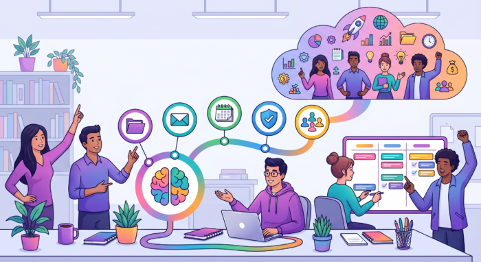A team collaborating in a modern workspace, showcasing a central brain icon branching into project tools, including cloud files, email, calendar, security, and team networks, all linked to a visual Kanban task board and a cloud vision of successful project delivery