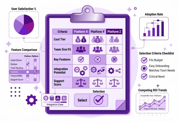 A software evaluation clipboard that scores Platform X, Platform Y, and Platform Z against criteria like cost tier, team size fit, key features, integration potential, and support score, surrounded by data charts for user satisfaction, adoption rate, and competing ROI trends
