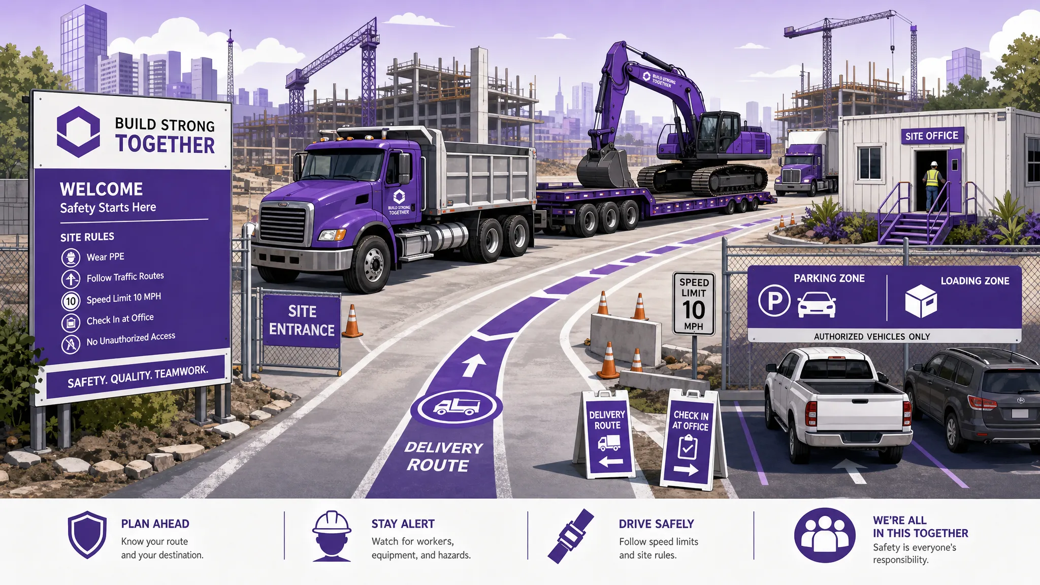 Fleet Management Software for Construction Improving Equipment Availability and Site Logistics Construction fleet assets, including trucks, excavators, and trailers, staged beside a jobsite entrance with marked delivery routes, cones, and separate parking and loading zones.