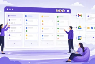 An illustration of a kanban board connected with Google Drive, Gmail and Calendar