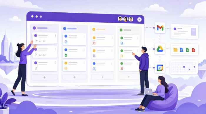 An illustration of a kanban board connected with Google Drive, Gmail and Calendar